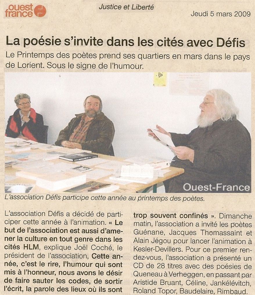 La po&eacute;sie s'invite dans les cit&eacute;s avec D&eacute;fis... - Ouest France 5 Mars 2009