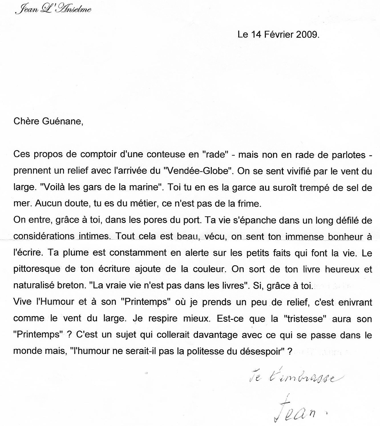 Lettre de Jean L'Anselme, 14 fev 2009.