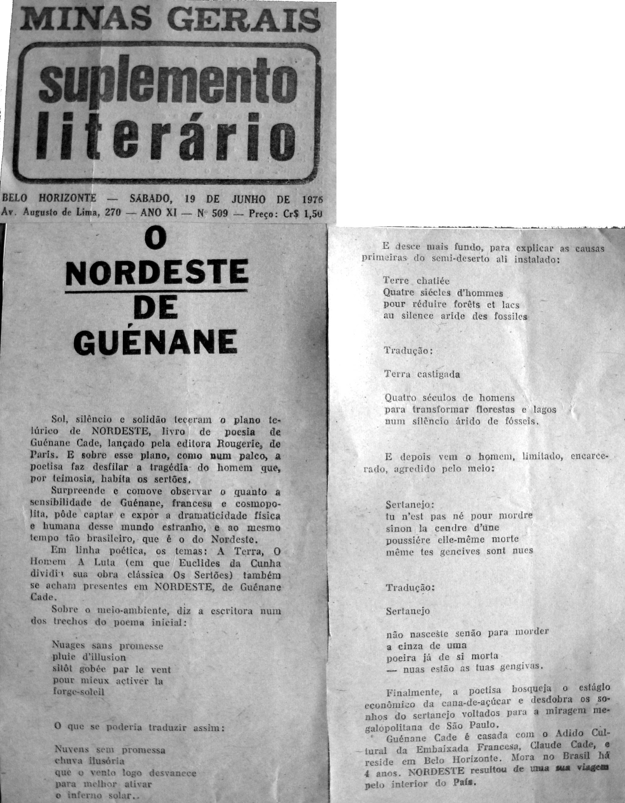 Gu&eacute;nane - Article du Minas Gerais (1976).