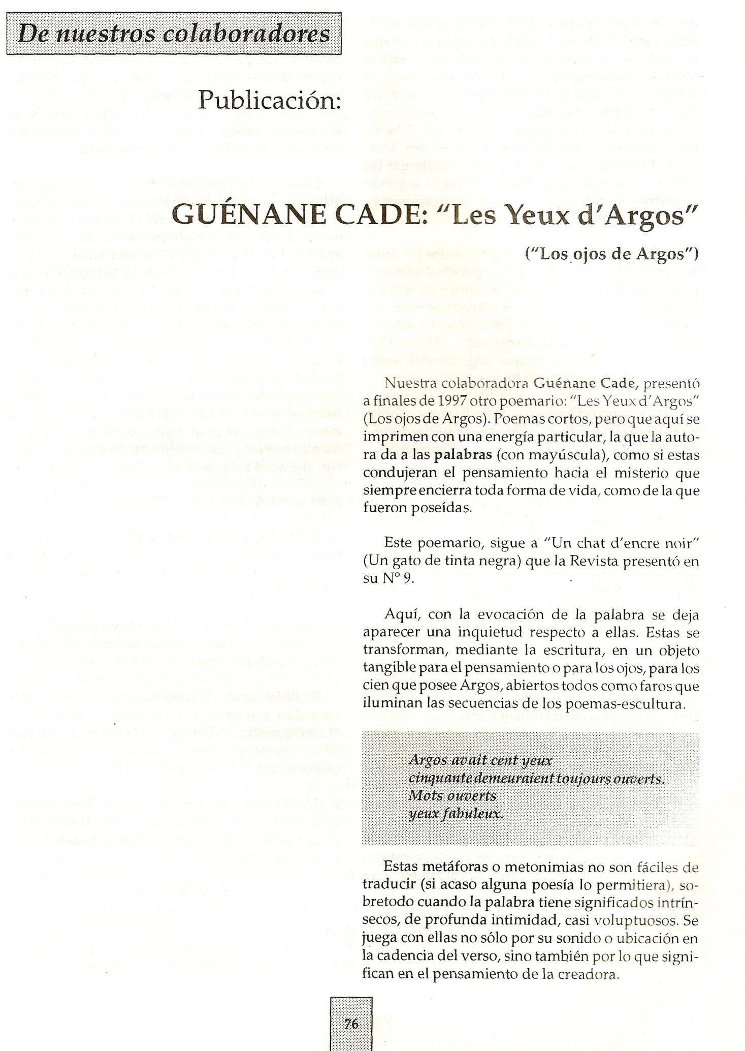 Gu&eacute;nane - La Revista Critica, sept 1992.