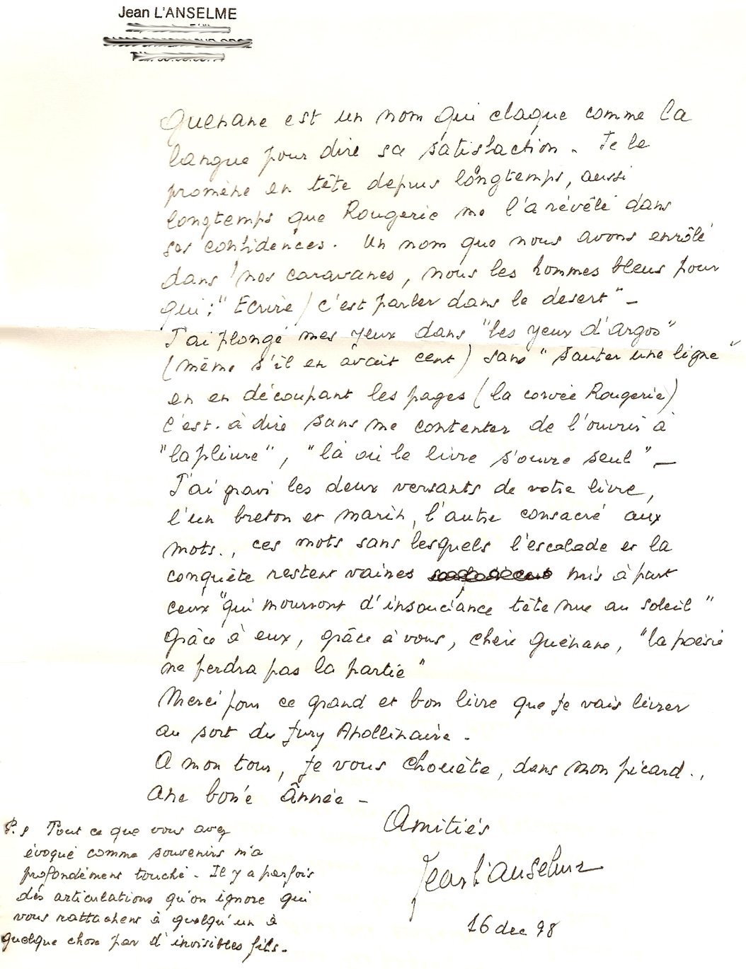 Gu&eacute;nane - Les Yeux D'Argos - Lettre de Jean L'Anselme, 1998.